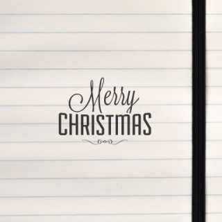 A refined black‑and‑white Christmas greeting with bold block lettering and flowing script.