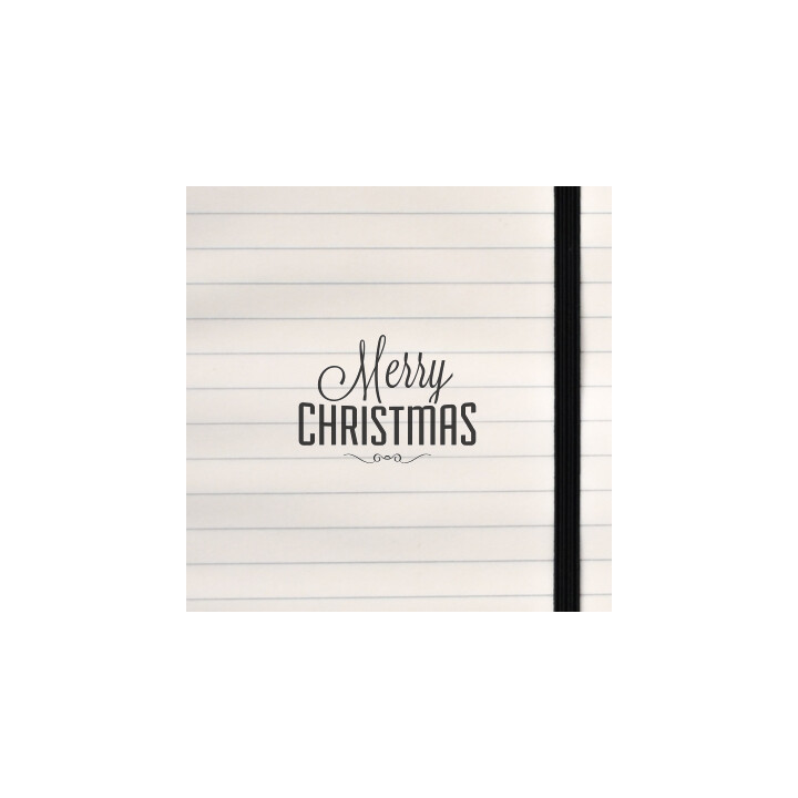 A refined black‑and‑white Christmas greeting with bold block lettering and flowing script.