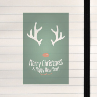 A clean, modern holiday design featuring stylized antlers and a bright red nose.
