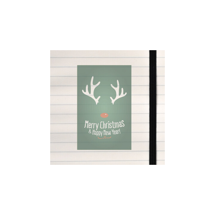 A clean, modern holiday design featuring stylized antlers and a bright red nose.