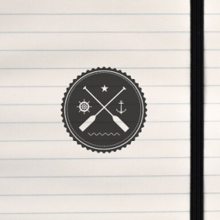 A classic maritime badge featuring crossed oars, a star, waves, a ship’s wheel, and an anchor.