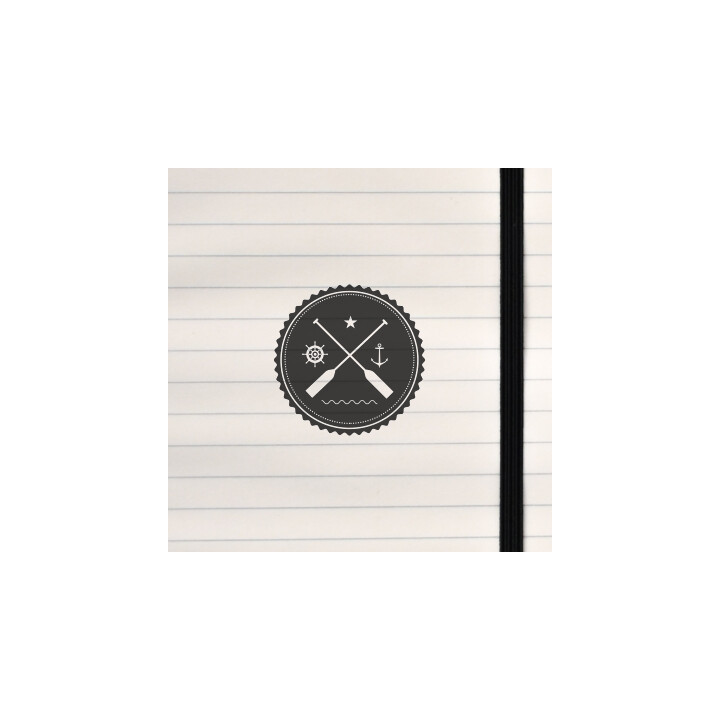 A classic maritime badge featuring crossed oars, a star, waves, a ship’s wheel, and an anchor.
