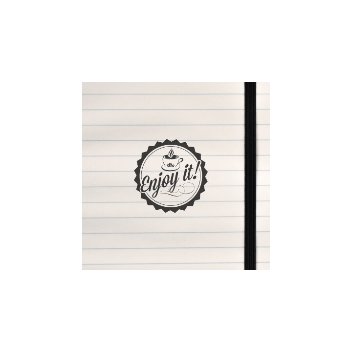 A bold circular emblem featuring a steaming coffee cup and friendly script.