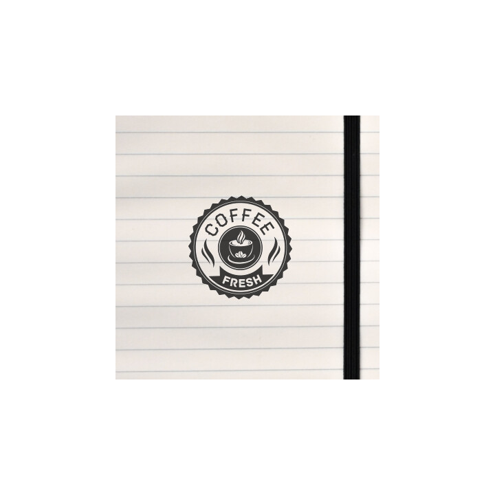 A bold circular badge featuring a steaming cup and “COFFEE • FRESH” text.