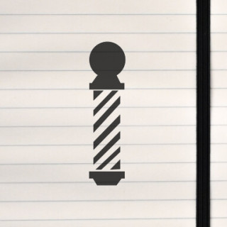 A bold black‑and‑white symbol of a traditional barber pole.