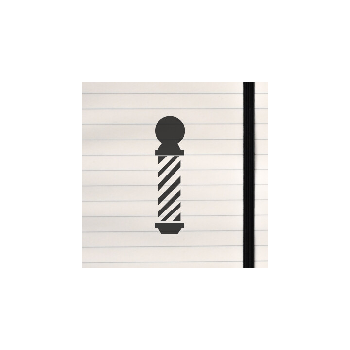 A bold black‑and‑white symbol of a traditional barber pole.