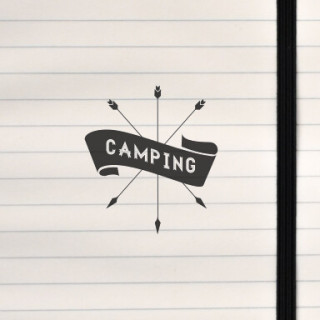 A vintage emblem with crossed arrows and a bold “CAMPING” banner.