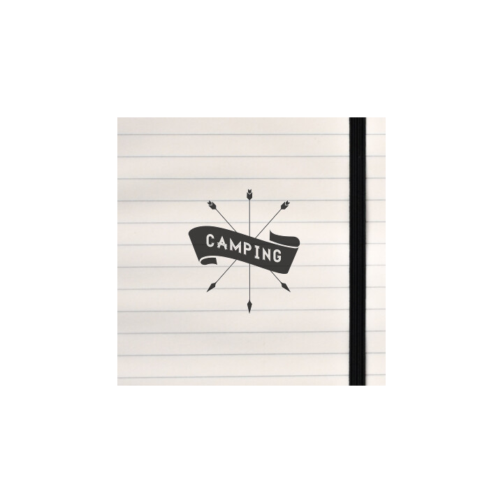 A vintage emblem with crossed arrows and a bold “CAMPING” banner.