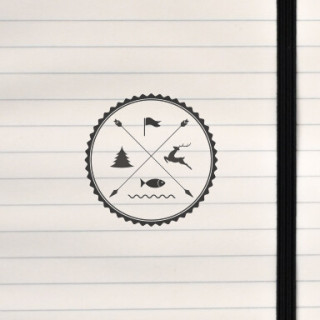 A circular emblem with crossed arrows and four nature‑activity icons.