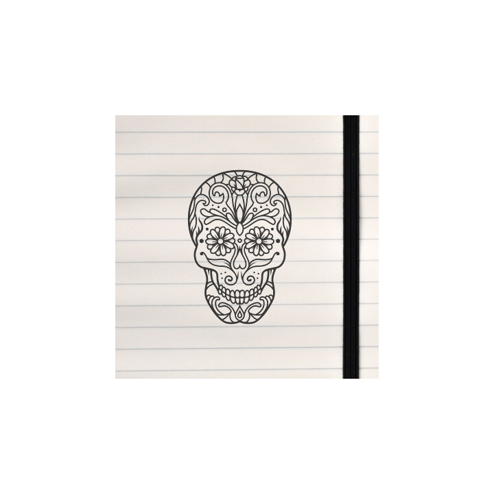 A decorative skull filled with symmetrical floral and ornamental patterns.