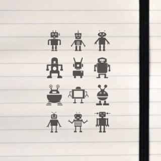 A grid of twelve unique black‑silhouette robot characters.