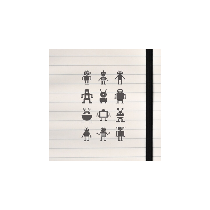A grid of twelve unique black‑silhouette robot characters.