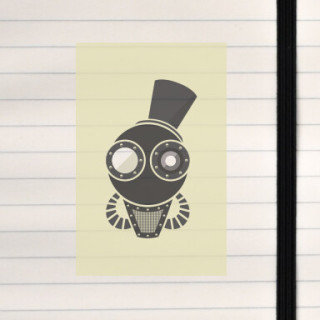 A steampunk robot face crowned with a tall black hat.