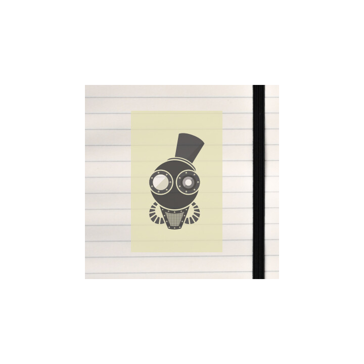 A steampunk robot face crowned with a tall black hat.