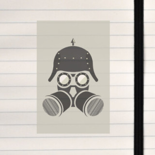 A dark, riveted gas‑mask helmet with a stark industrial presence.