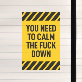 A bold yellow warning-style poster shouting “YOU NEED TO CALM THE FUCK DOWN.”