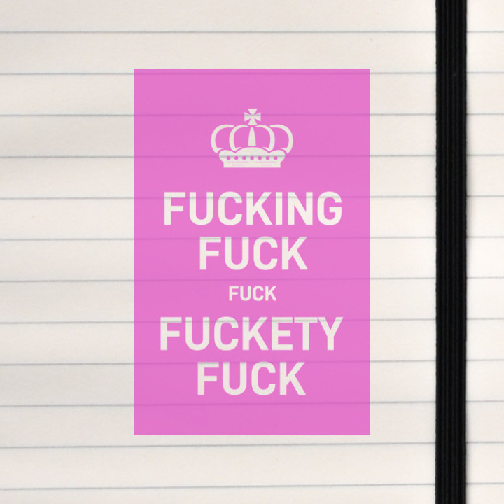 Bright pink crown poster with bold white type and an intentionally profane slogan for a cheeky, adult‑oriented statement piece.