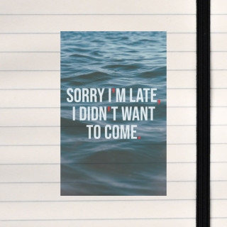 A blunt, funny statement over calm rippling water.