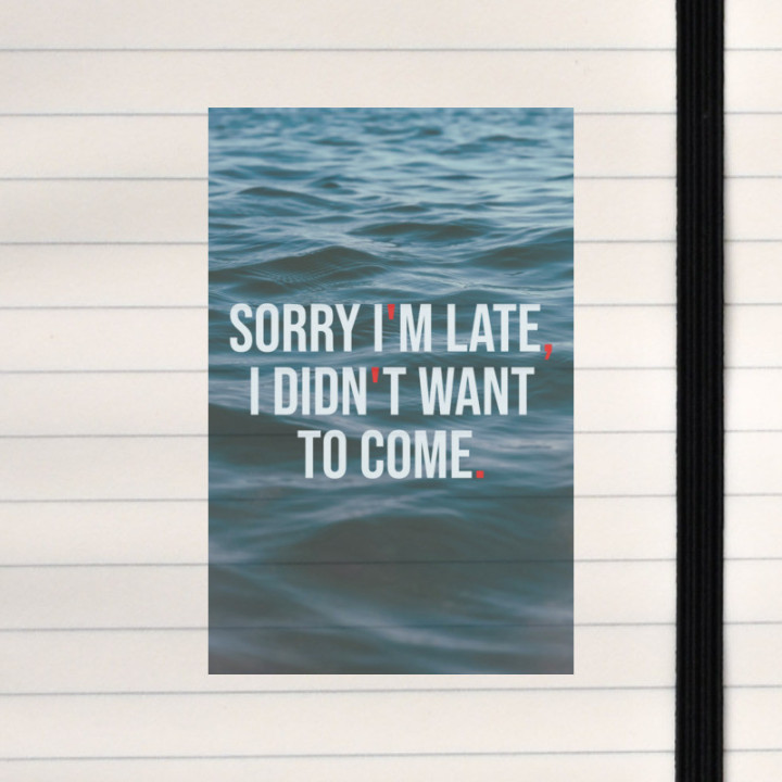 A blunt, funny statement over calm rippling water.