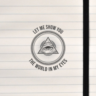 A surreal and symbolic design featuring an eye within a triangle, surrounded by radiant geometry and a cryptic phrase about perc