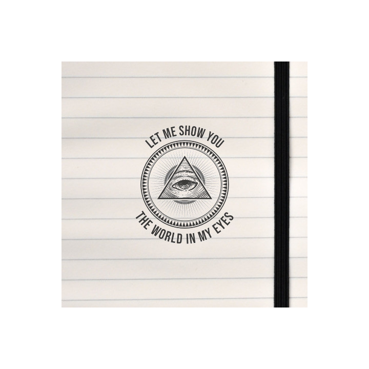 A surreal and symbolic design featuring an eye within a triangle, surrounded by radiant geometry and a cryptic phrase about perc