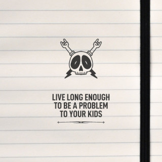 A rebellious and humorous design featuring a skull throwing rock hand signs, paired with a bold message about aging and parentho