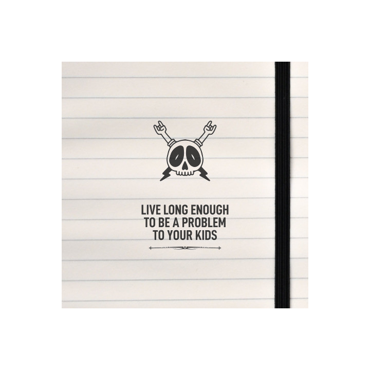 A rebellious and humorous design featuring a skull throwing rock hand signs, paired with a bold message about aging and parentho