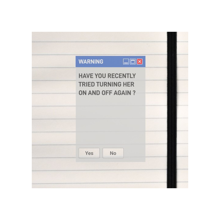 A playful tech‑style Windows XP-like warning window delivers a cheeky troubleshooting joke with classic “Yes/No” buttons.