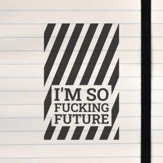 A bold, futuristic statement design featuring vertical black stripes and provocative typography that radiates confidence and edg