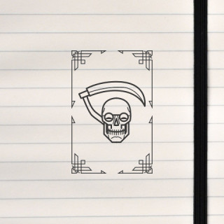 A gothic-inspired skull and scythe illustration framed with geometric accents, blending dark fantasy with modern minimalism.