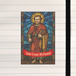 A satirical stained‑glass parody featuring a saintly figure paired with bold, irreverent text for comedic impact.