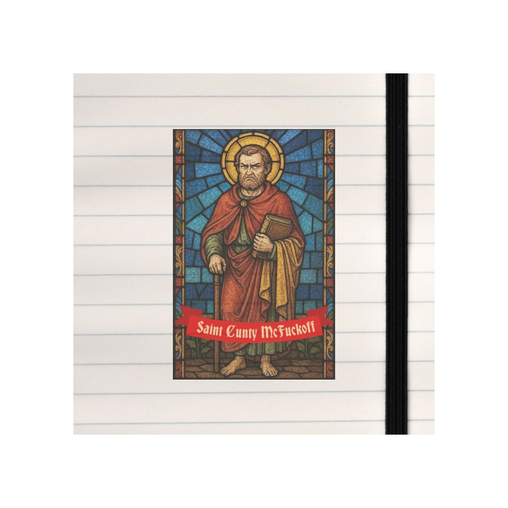 A satirical stained‑glass parody featuring a saintly figure paired with bold, irreverent text for comedic impact.