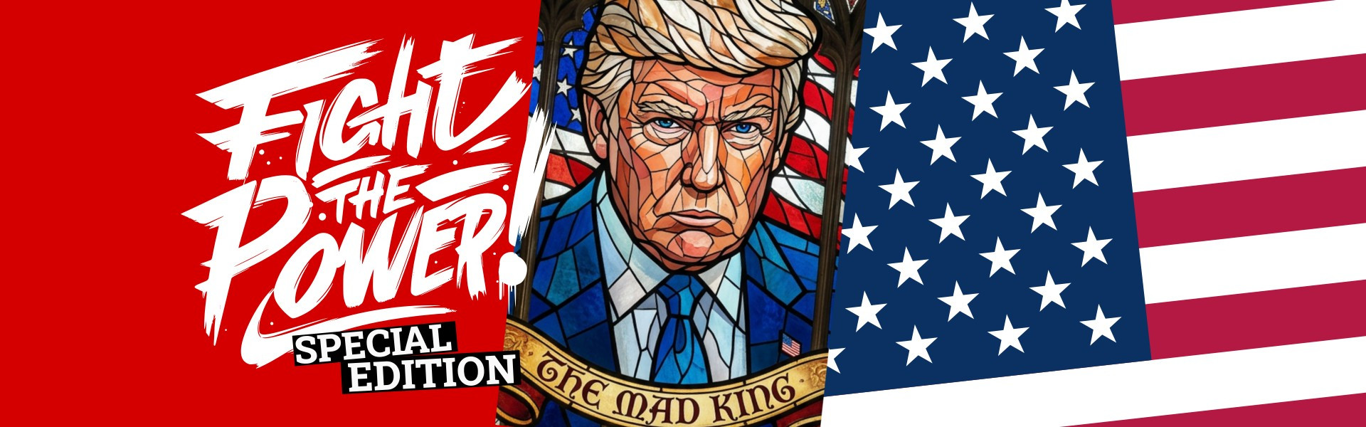A collage showing the Fight The Power logo next to a church mosaic image of Donald Trump